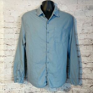 Magaschoni Men’s Linen Blend Slong Sleeve Roll Tab Button Down Shirt Blue XL